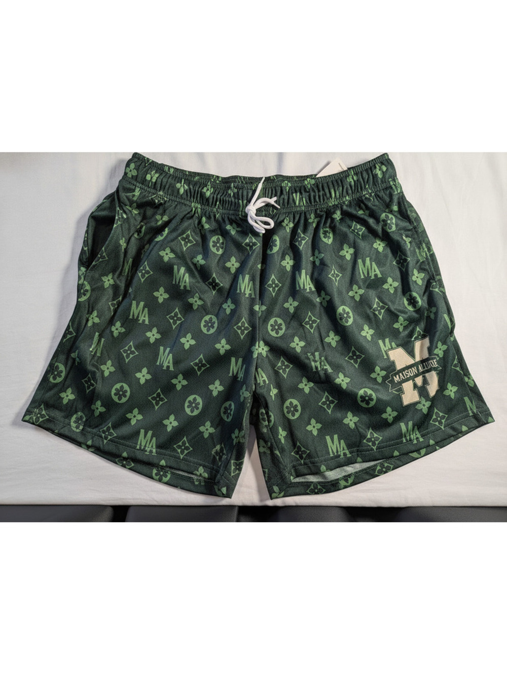 Maison Allure Monogram Mesh Shorts Green All Over Print Streetwear Mens Size XL